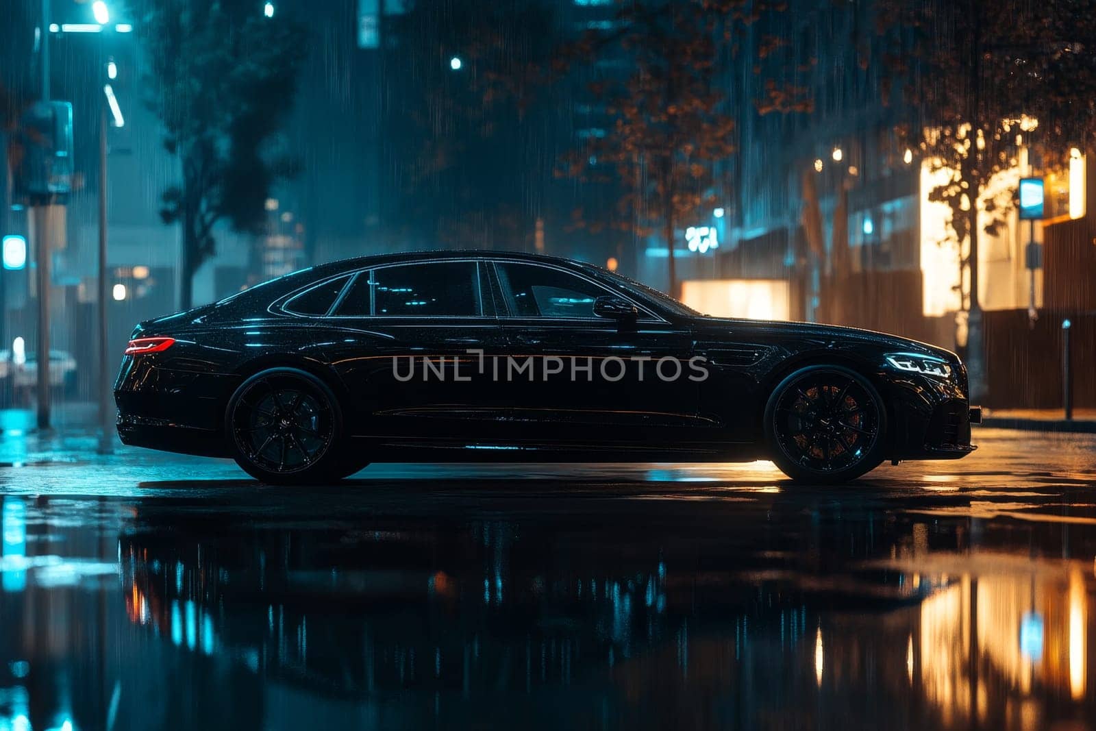 A sleek black luxury sedan parked on a wet city street at night, surrounded by neon lights and reflections in the rain.