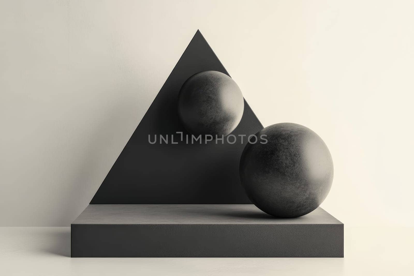 Abstract composition with textured spheres and triangle on dark platform.