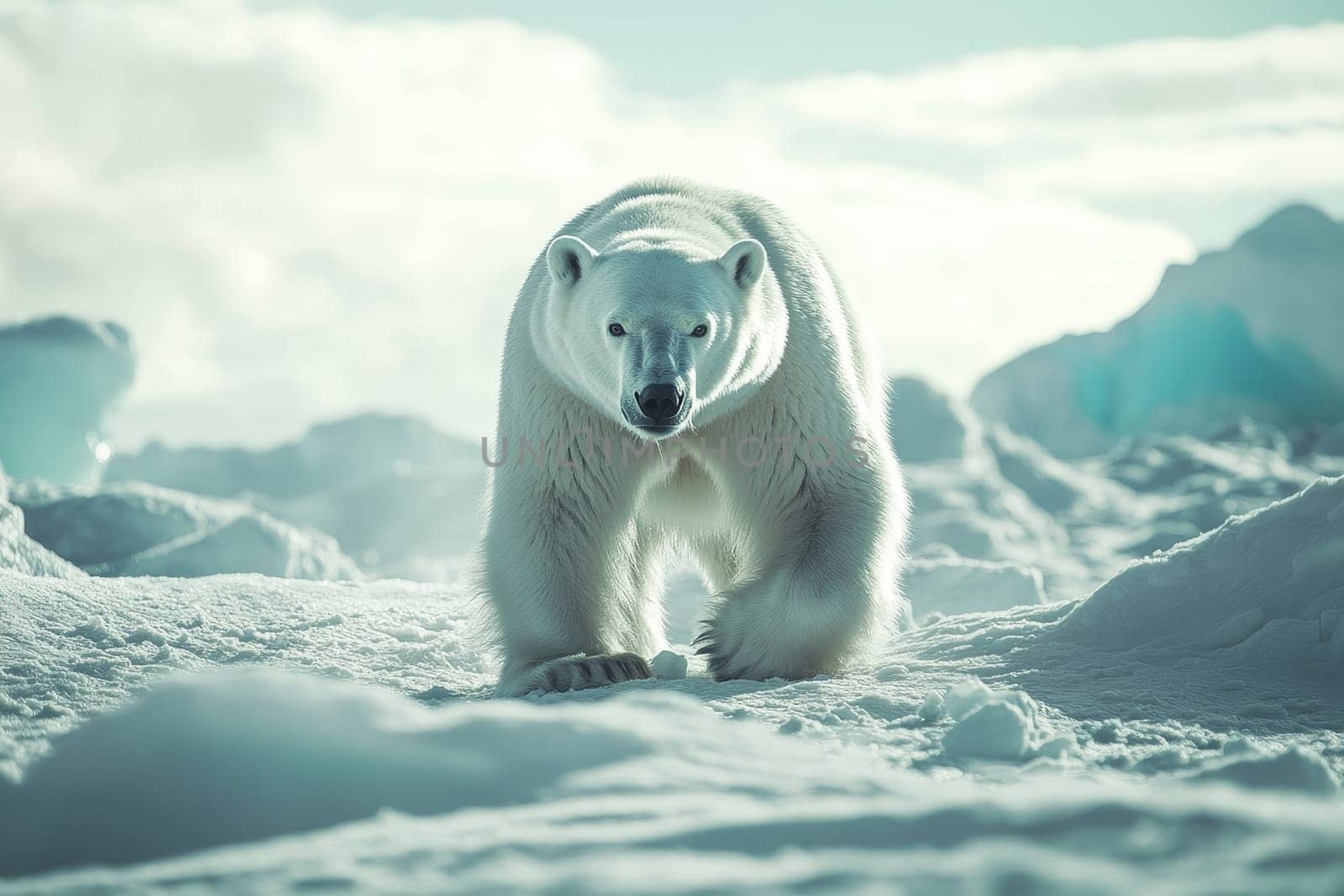 Large polar bear walking on snowy terrain, embodying power and Arctic adaptation.
