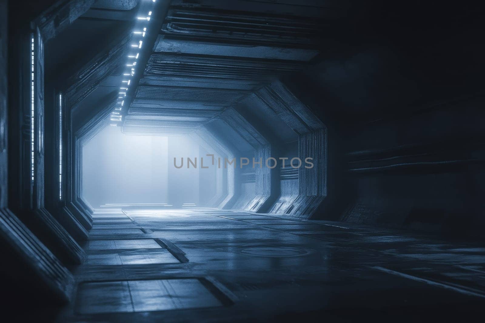 Dark sci fi corridor with blue atmospheric lighting and octagonal shape.