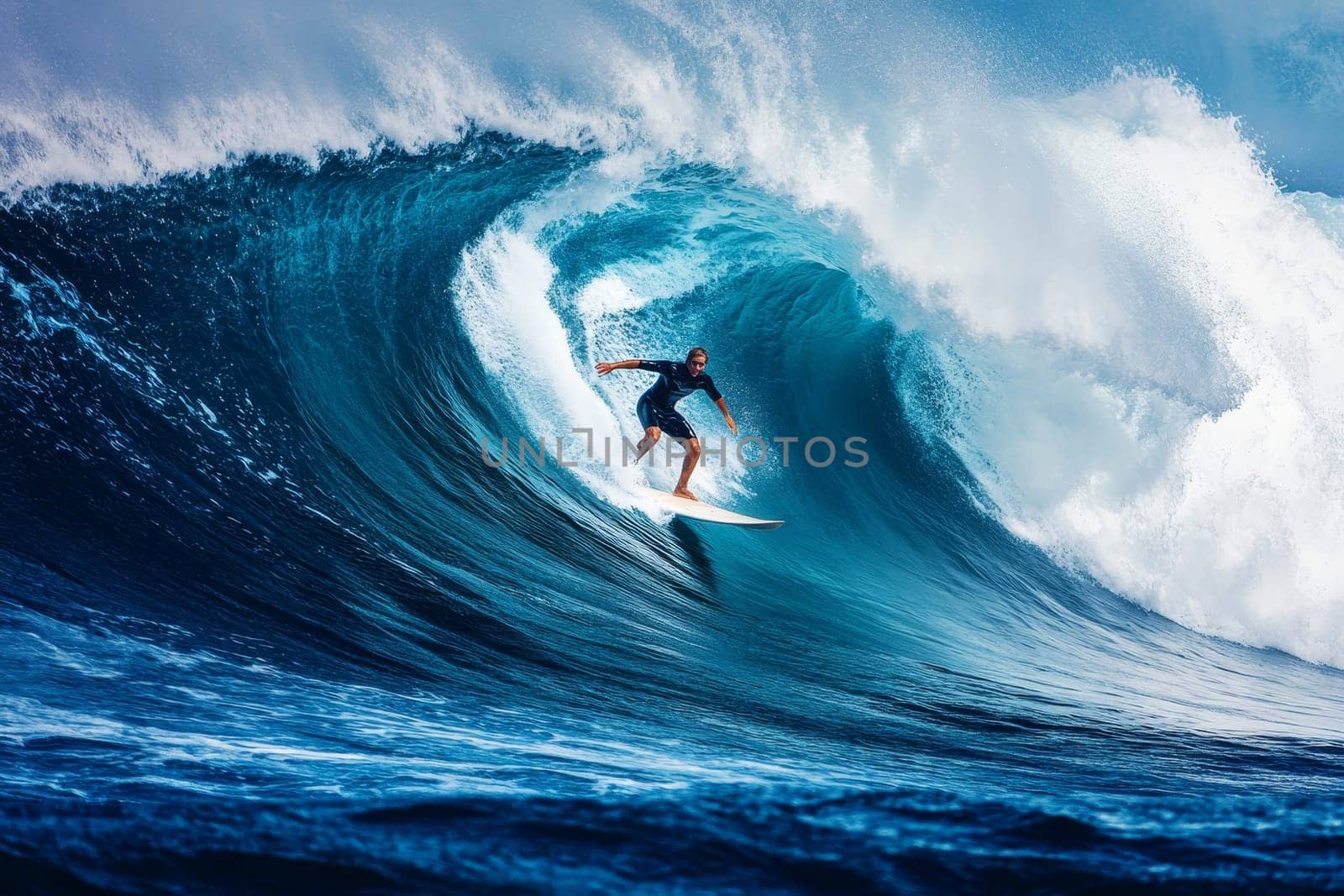 A surfer skillfully rides a towering blue wave, demonstrating extreme sport prowess against a backdrop of turbulent ocean waters.