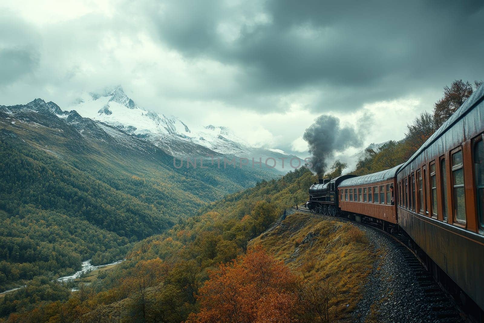 A vintage steam train travels through a mountainous landscape with autumn foliage and snow capped peaks under a cloudy sky.