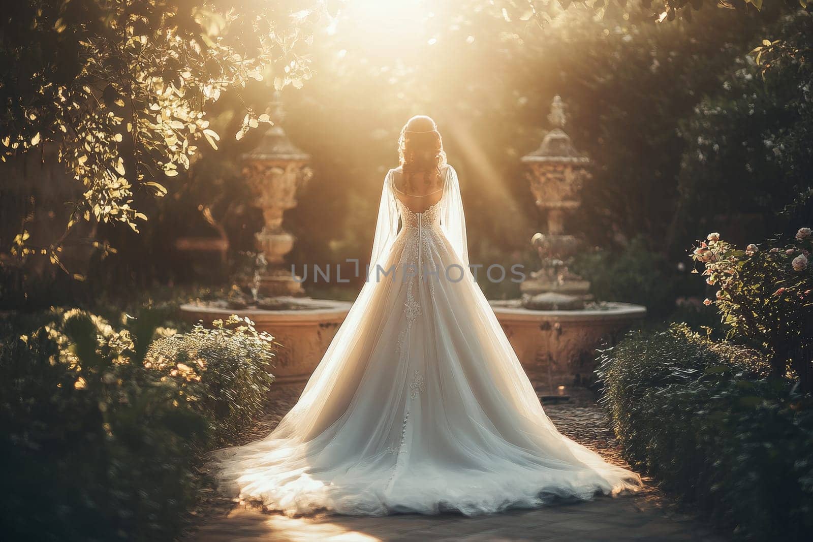 Bride in elegant white gown with flowing veil, standing in lush garden bathed in golden sunlight.