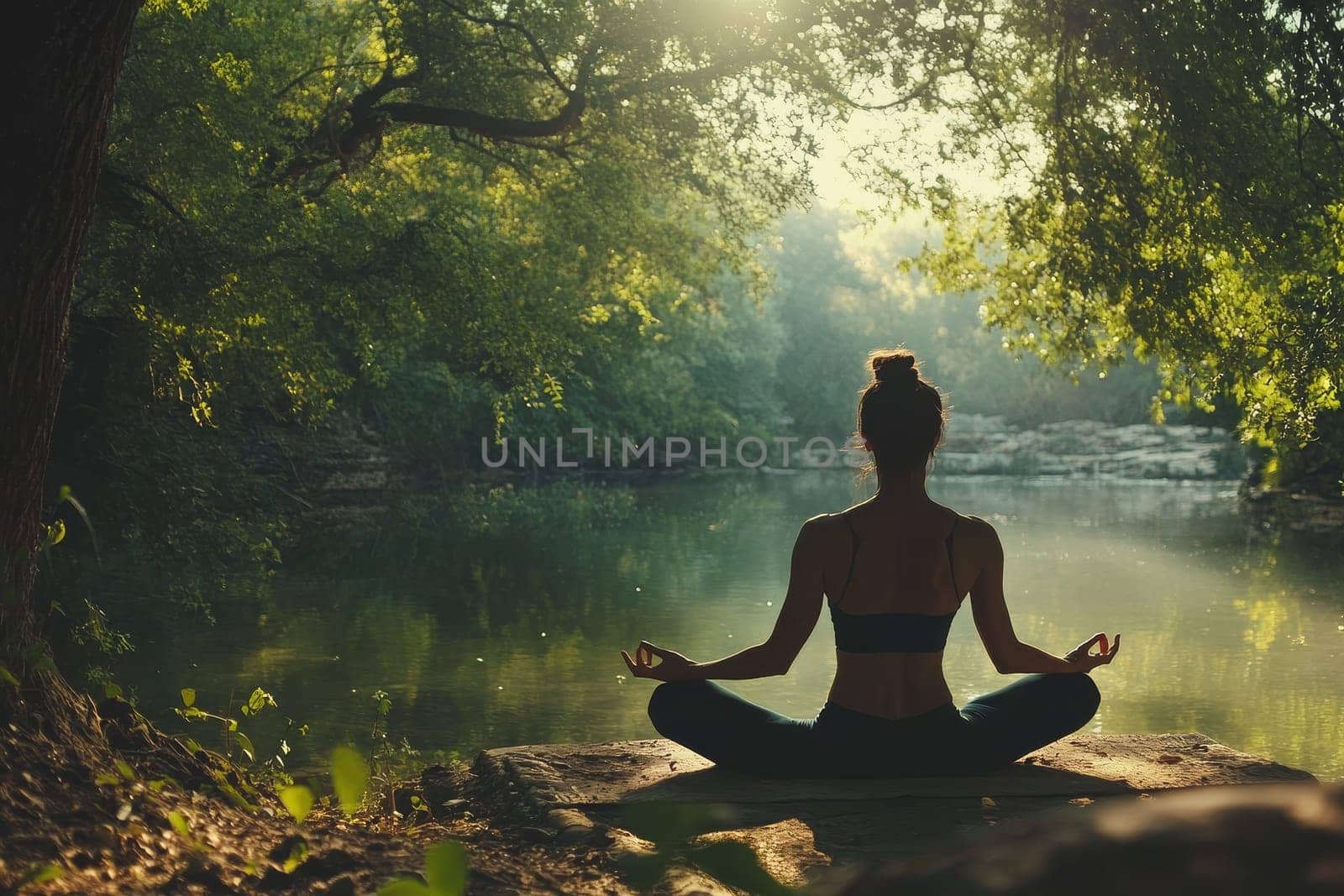 Silhouette of woman meditating on rock by tranquil forest lake at golden hour, surrounded by lush greenery.