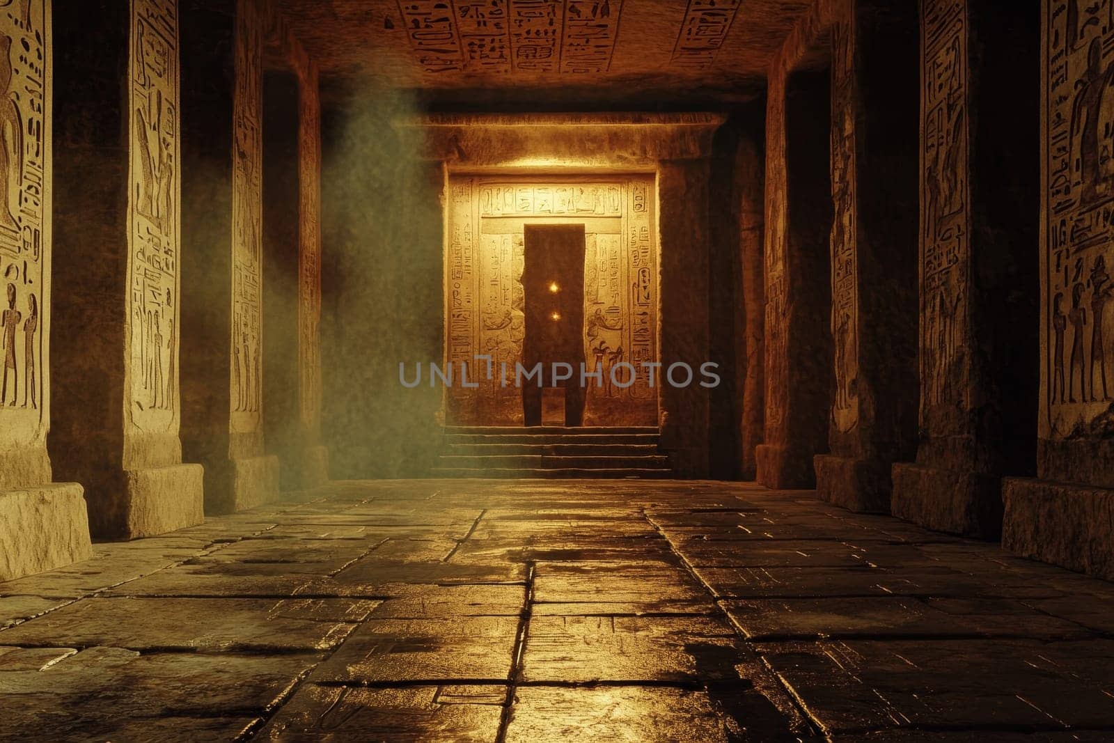 Mysterious interior of ancient Egyptian temple with hieroglyphs, columns, and golden light streaming through doorway.