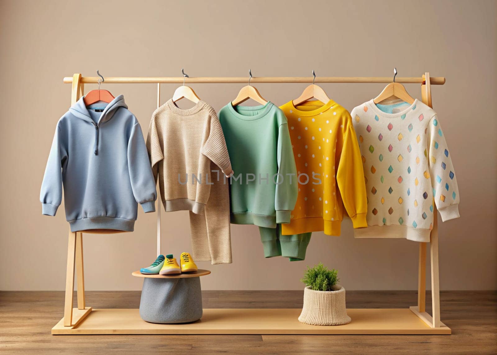 Wooden rack with children's clothes on hangers near beige wall. Ai generated image