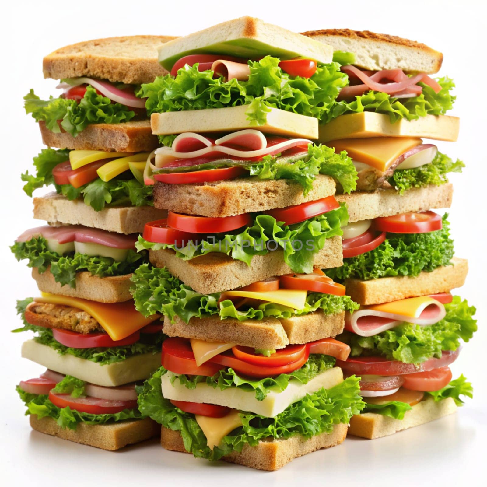 Sandwich stack isolated on white background. sandwiches with ham, cheese, tomato, green salad, chicken. Ai generated image