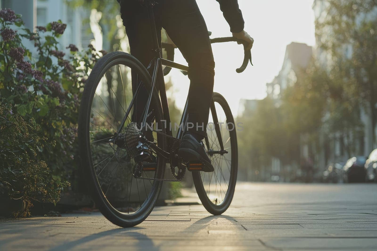 Cyclist riding through a city street at golden hour, with sunlight filtering through trees and buildings.