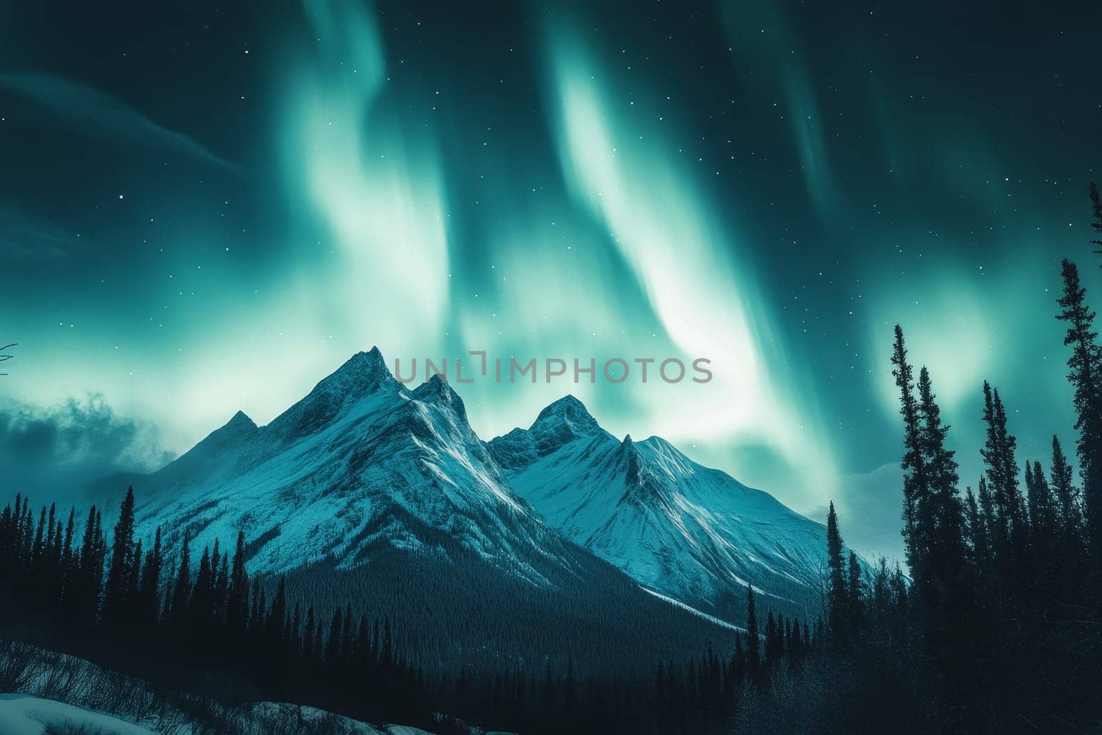Spectacular Northern Lights illuminating a starry sky above snow capped mountains and evergreen forest.