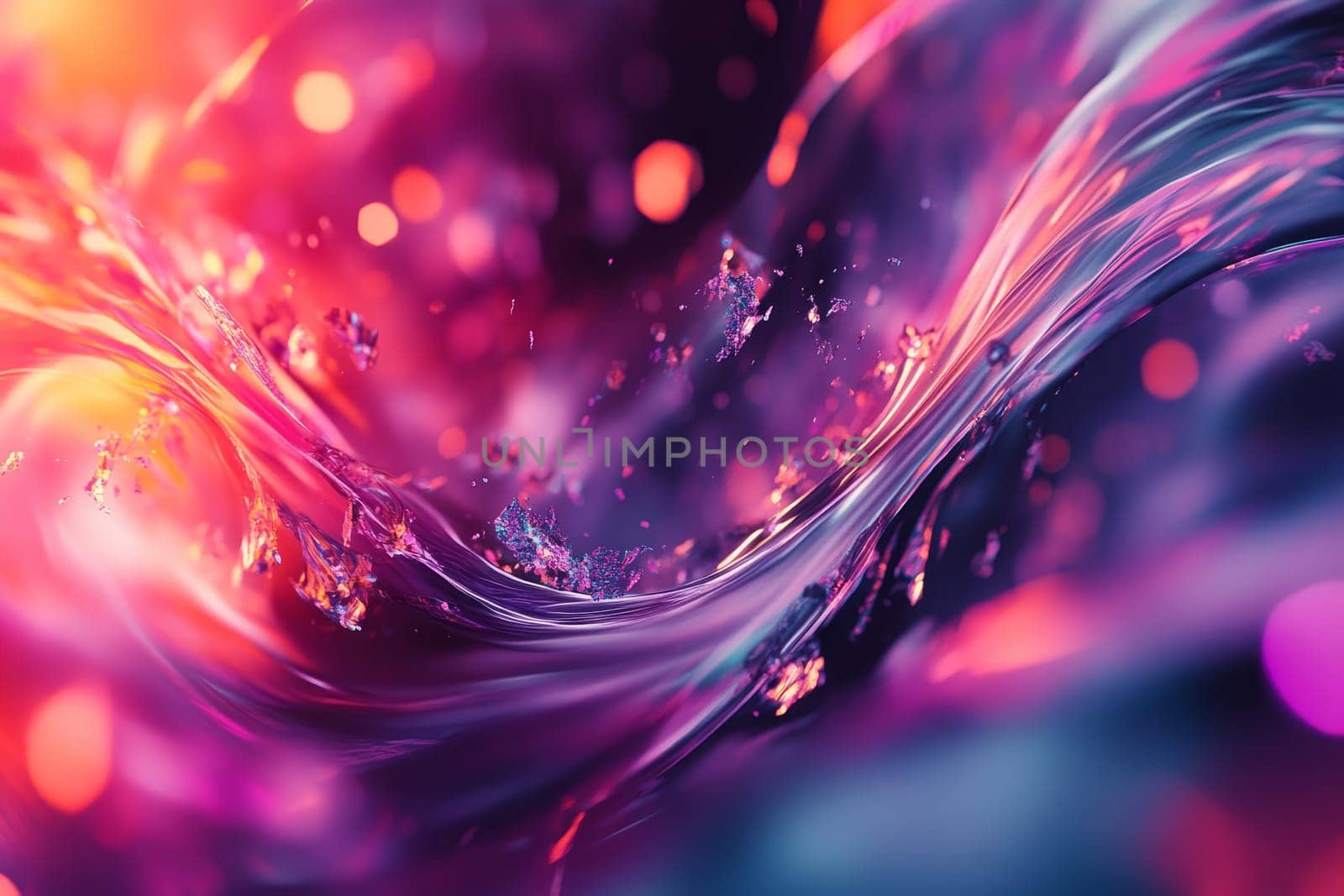 Vibrant abstract image of swirling liquids in shades of pink, purple, and orange with sparkling particles.