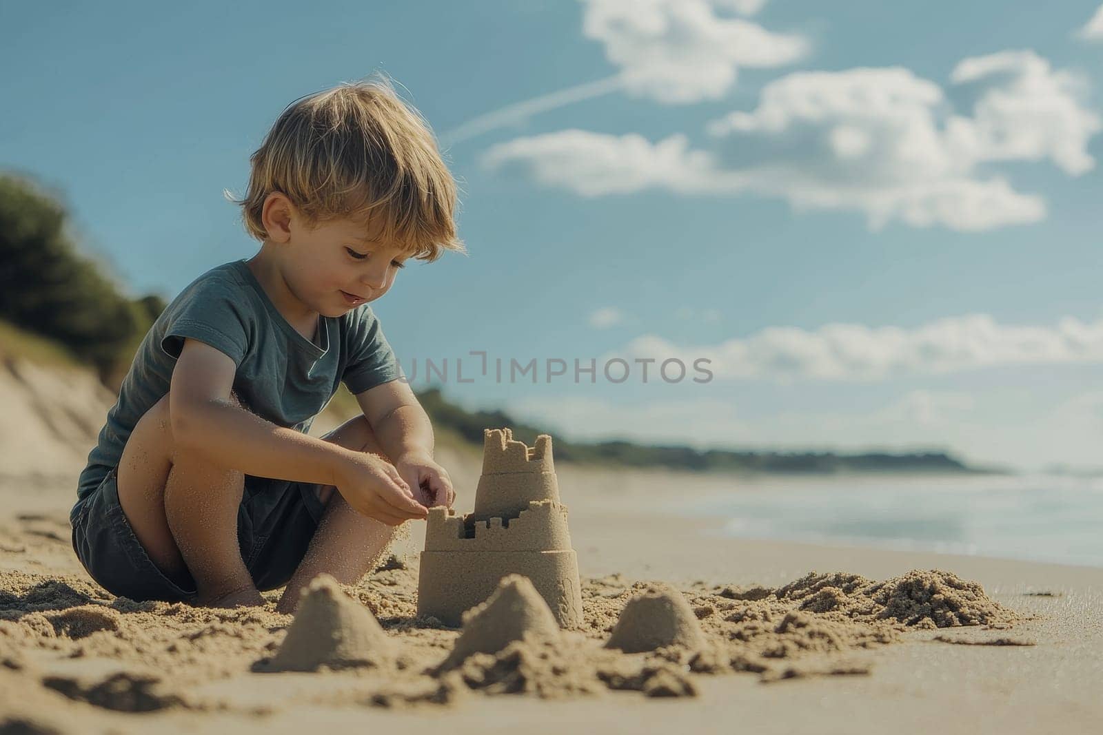 Young boy in blue shirt constructing a sandcastle on a sunny beach with blue sky and clouds.