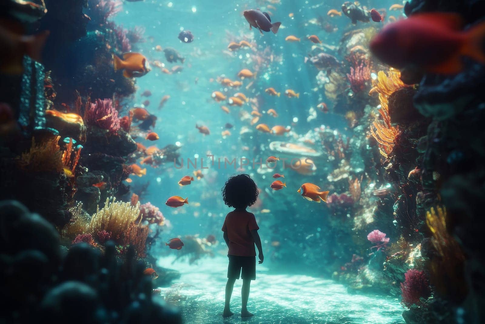 Silhouette of a child observing colorful tropical fish and coral in a magical underwater scene.
