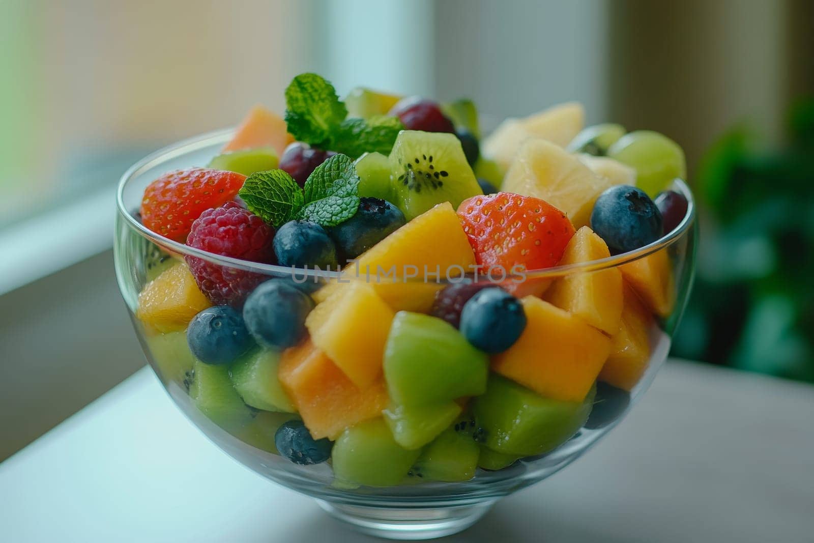 Colorful assortment of fresh cut fruits in a glass bowl, including berries, kiwi, mango, and mint leaves.