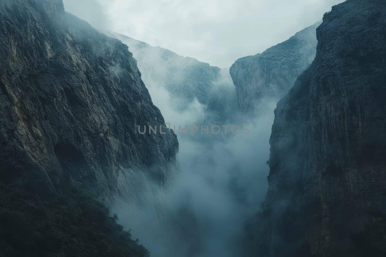 A dramatic view of a deep mountain gorge filled with swirling mist, creating an otherworldly atmosphere.