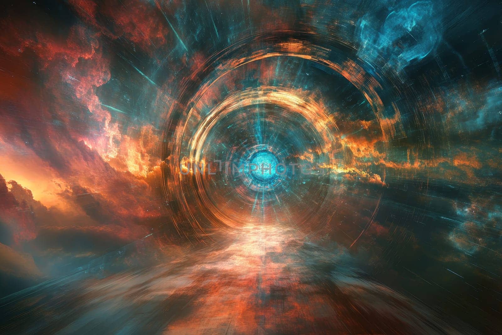 Surreal digital artwork of a cosmic portal with swirling energy and vibrant colors in a cloudy galaxy setting.