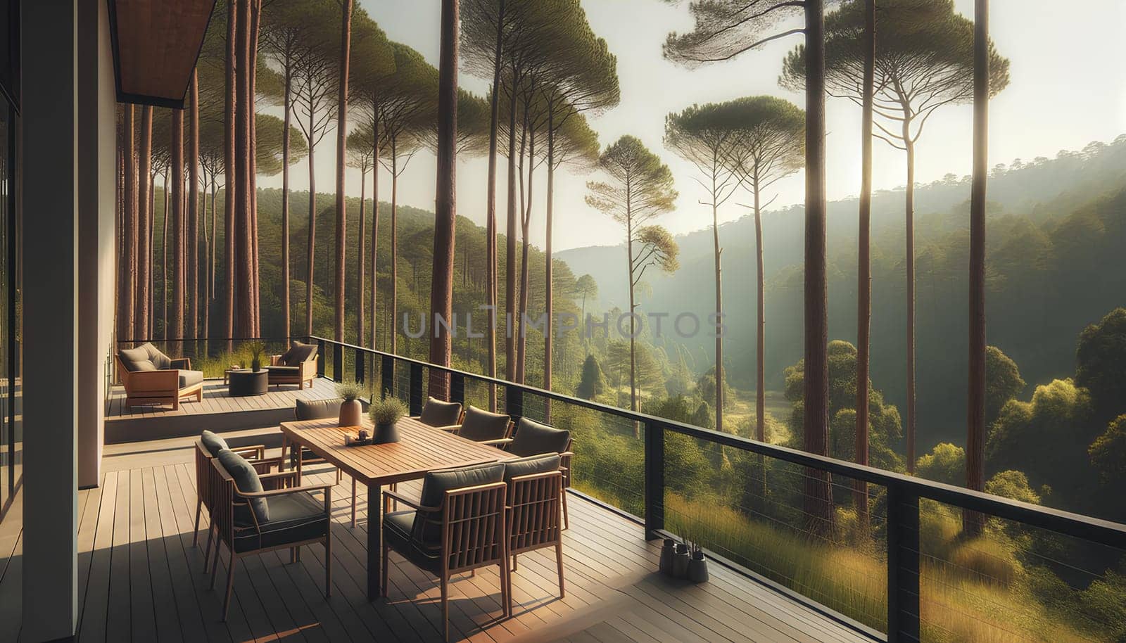 an open terrace with comfortable outdoor furniture with view of a pine forest.