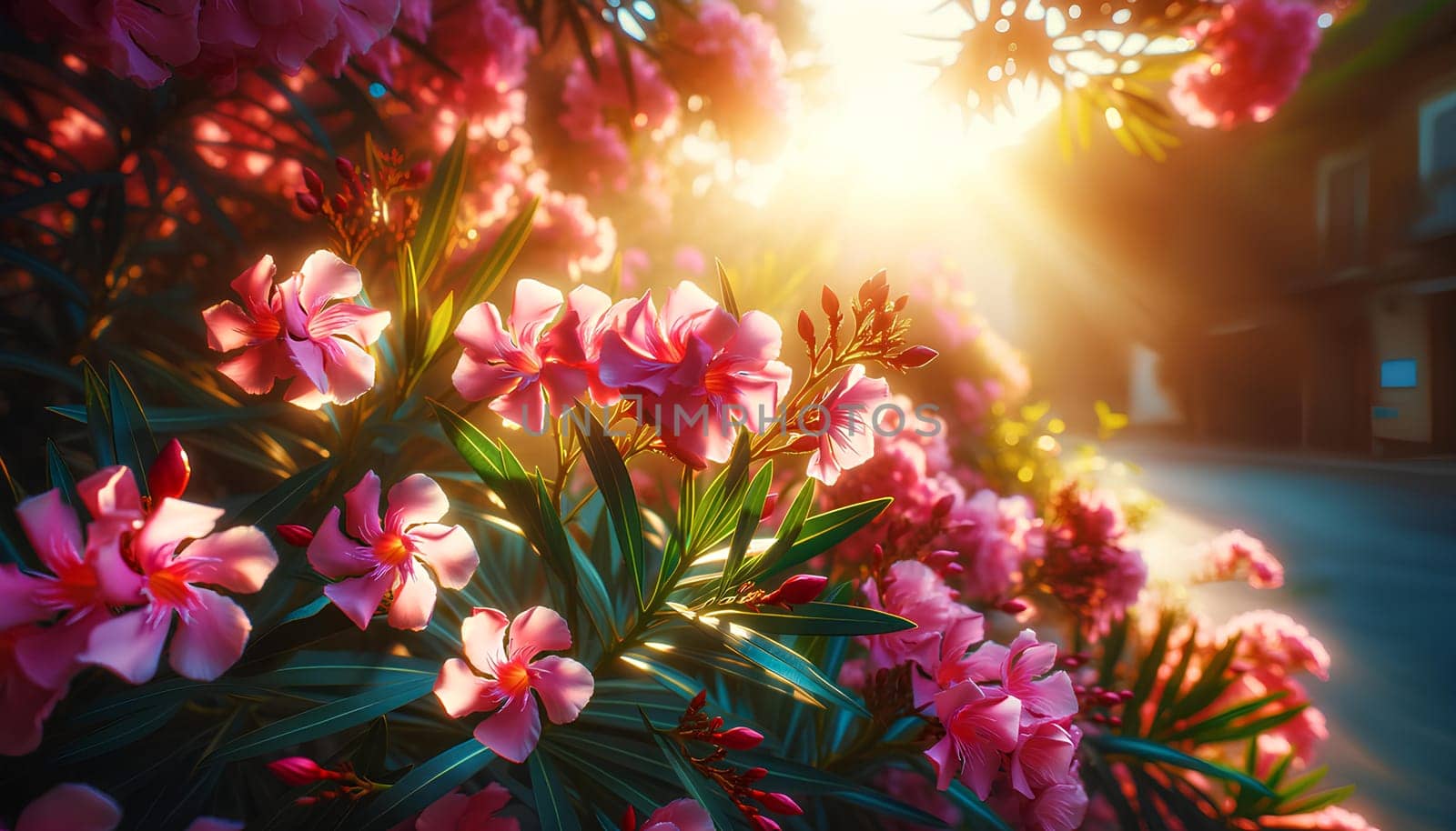 a blooming pink oleander bush in sunlight.