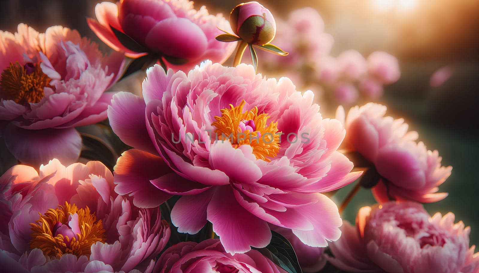 blooming pink peonies in sunlight close-up