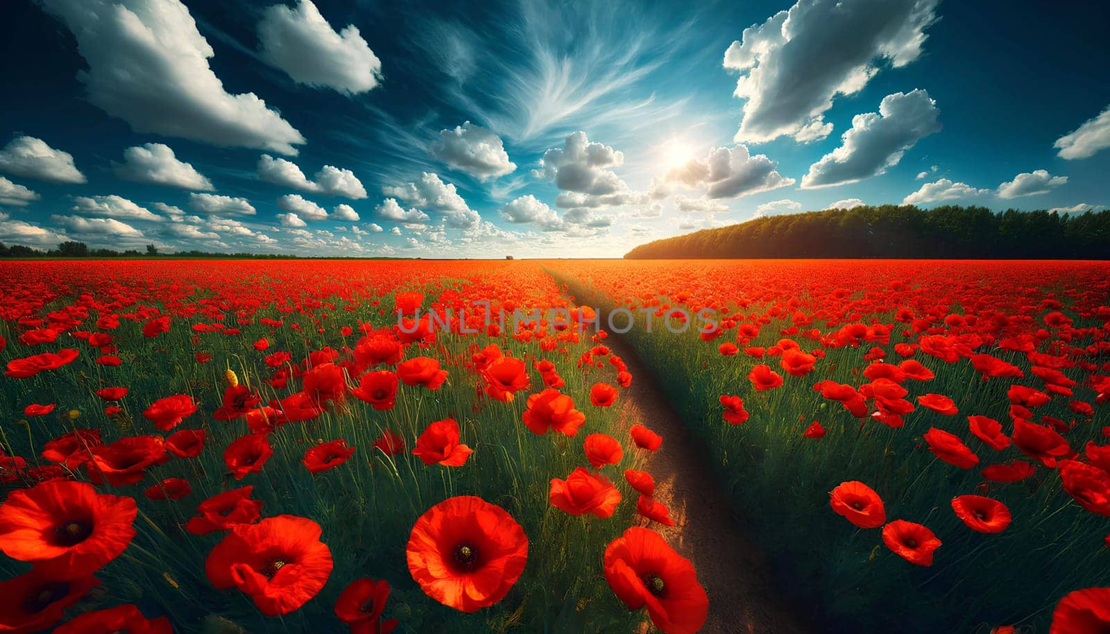 a field of blooming bright red poppies on a sunny day.