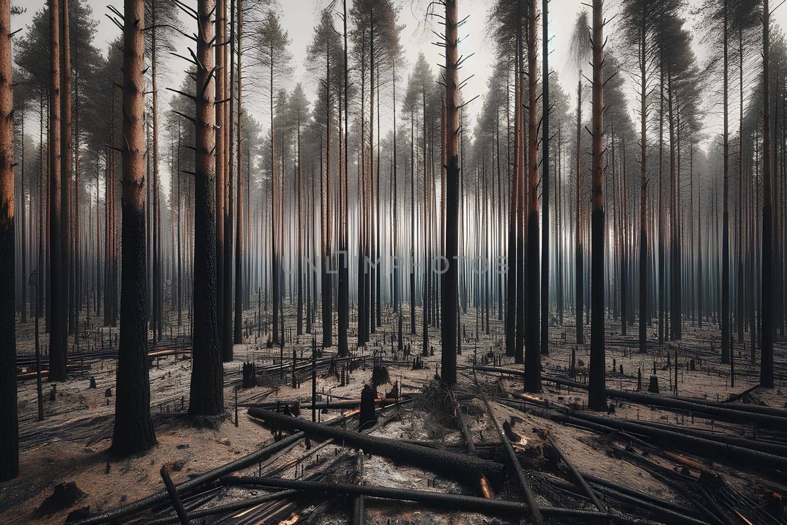 a scorched coniferous forest, the aftermath of a severe forest fire.