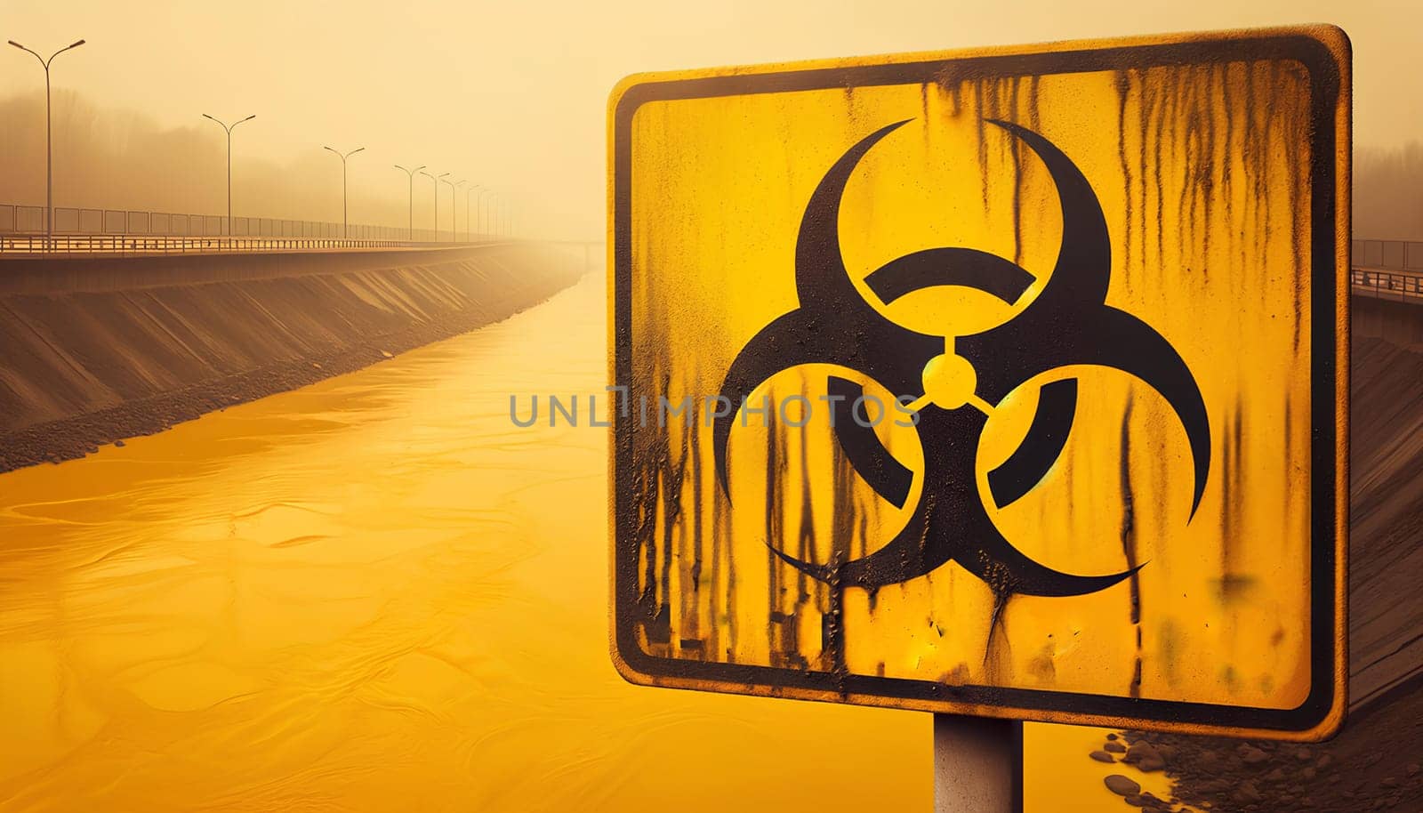 biohazard sign against the backdrop of a dirty, murky yellow city canal.