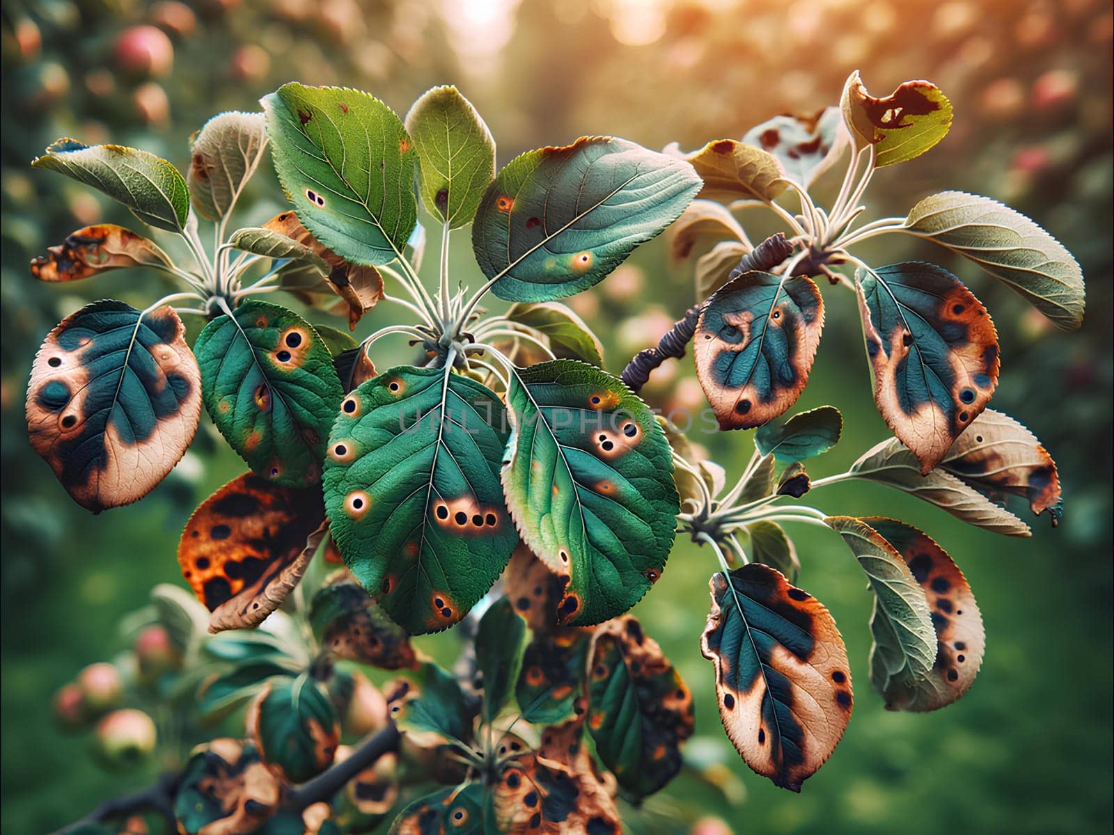 apple tree branches affected by apple scab.