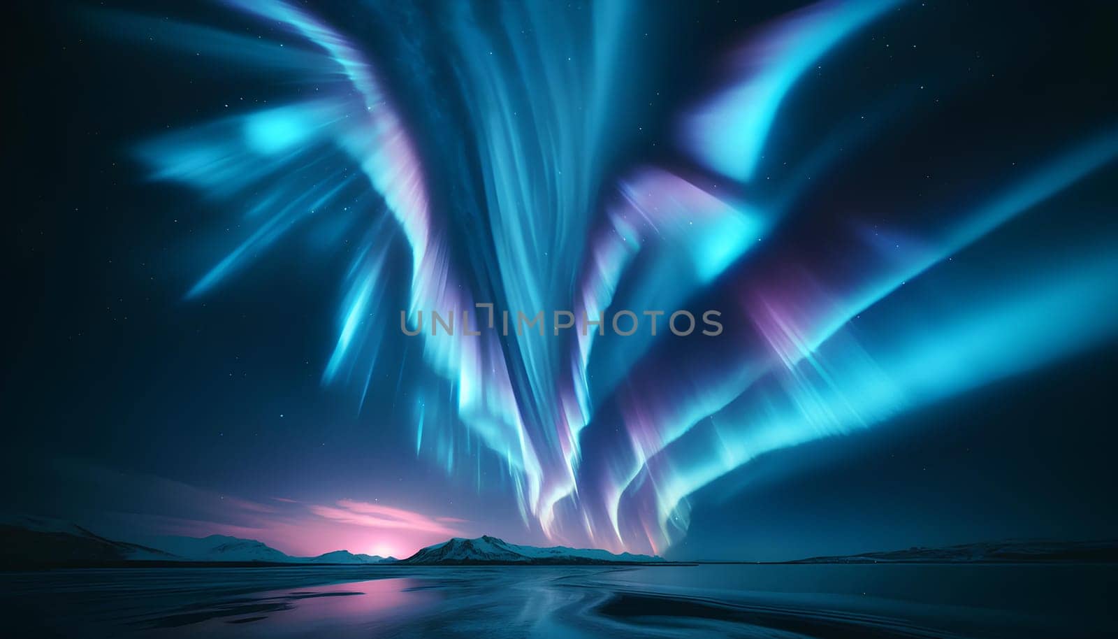 the Northern Lights Aurora Borealis in blue and pink colors in the night sky.