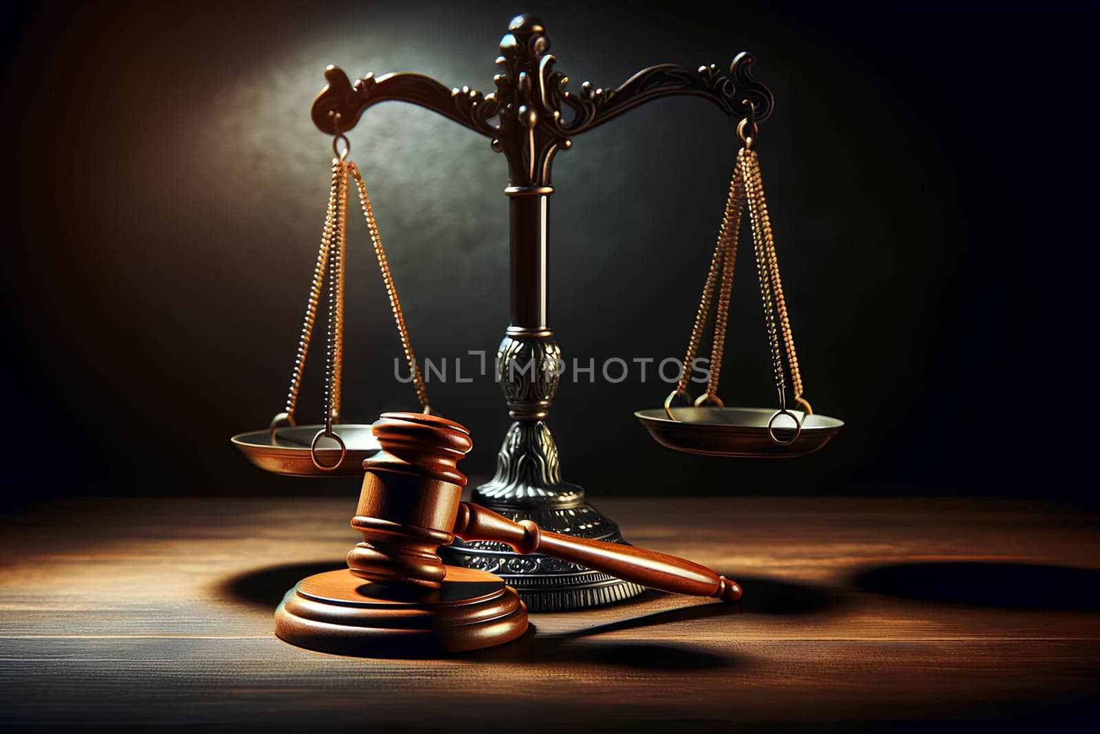 the scales of justice and a judge's gavel on a dark background.