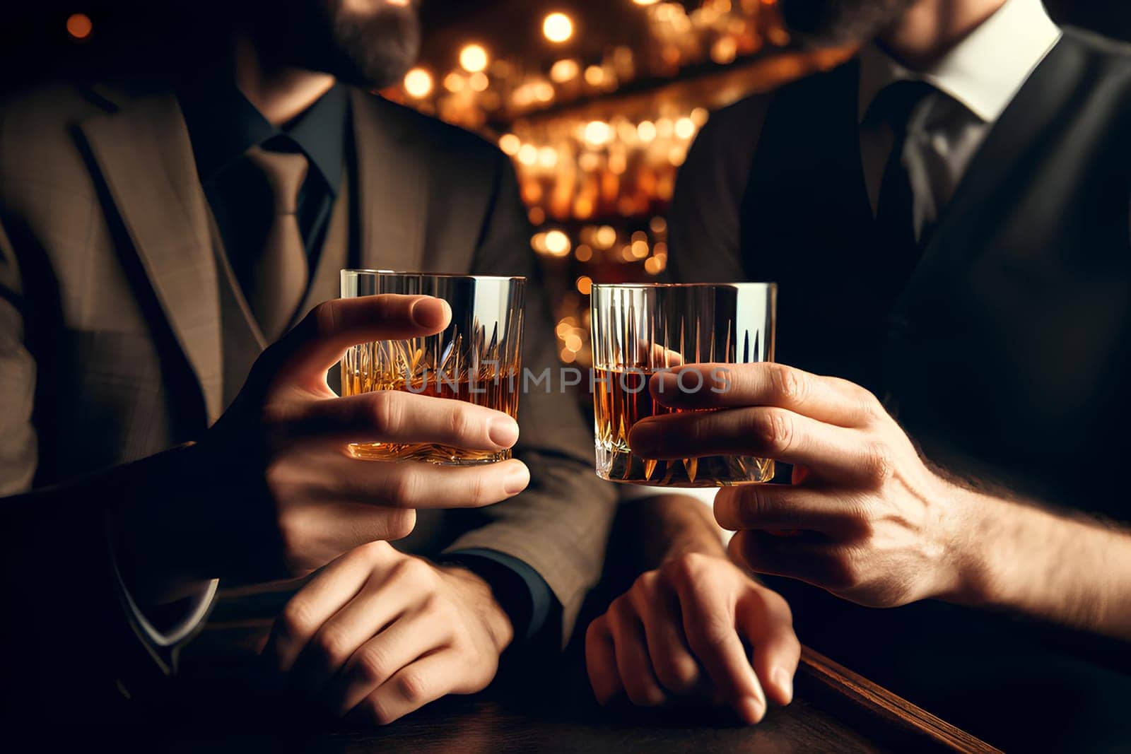 two men clinking whiskey glasses in a bar, close up.