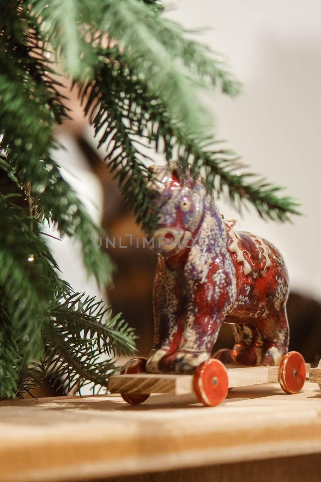 Sale of handmade ceramic Christmas tree toys at the Christmas Fair. Black Friday for the winter holidays