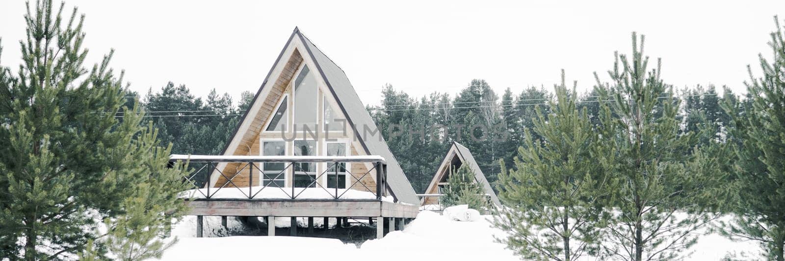 A country house in nature in winter. Rest in an ecologically clean place in winter. Glamping in nature