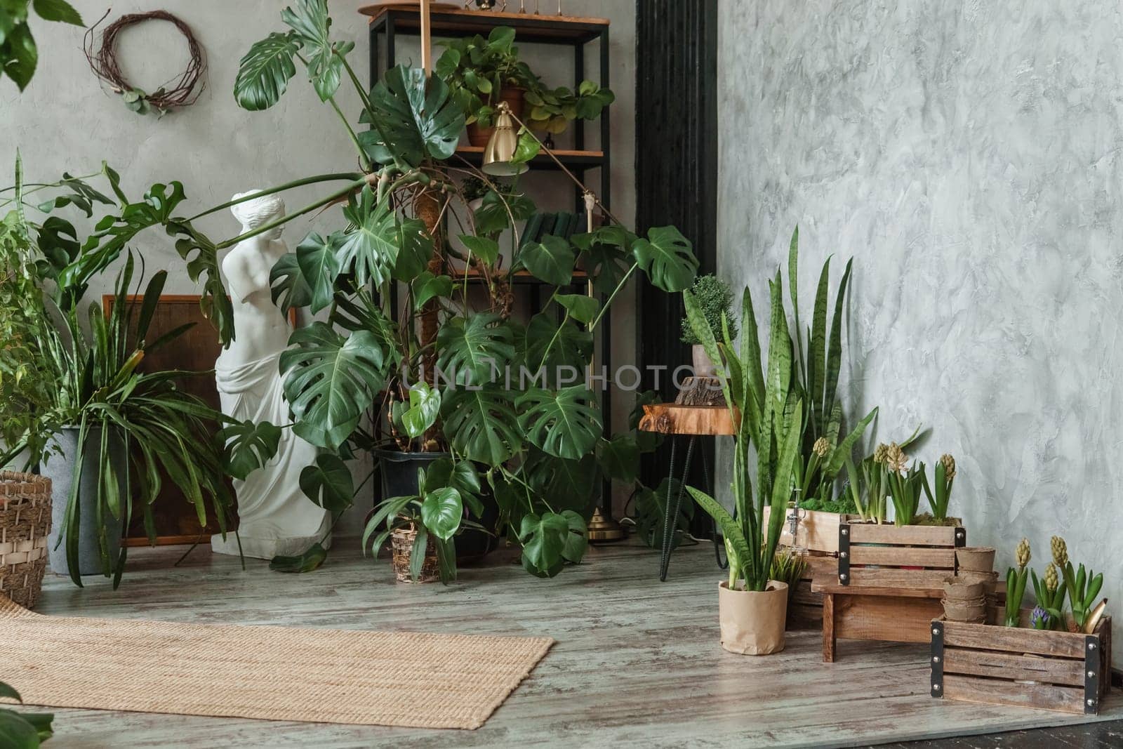 A fragment of the interior with a variety of indoor plants and plaster sculptures. Urban jungle concept. Biophilia design.