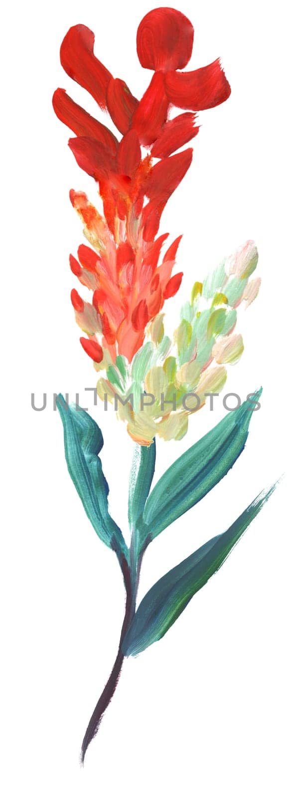 palm leaf painted in gouache with a dry brush isolated on a white background for the design of summer fabrics and other