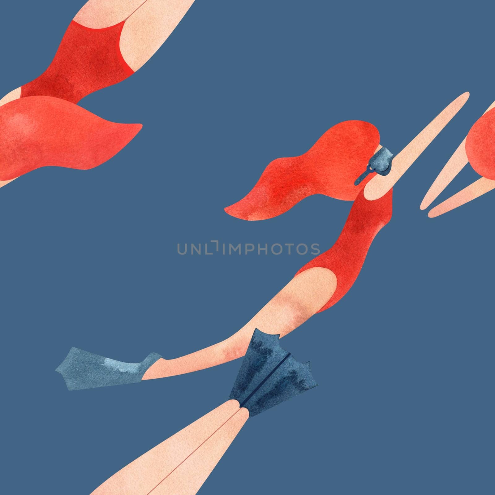 Seamless pattern with floating women in vintage style. Swimming. Watercolor illustration on blue background.