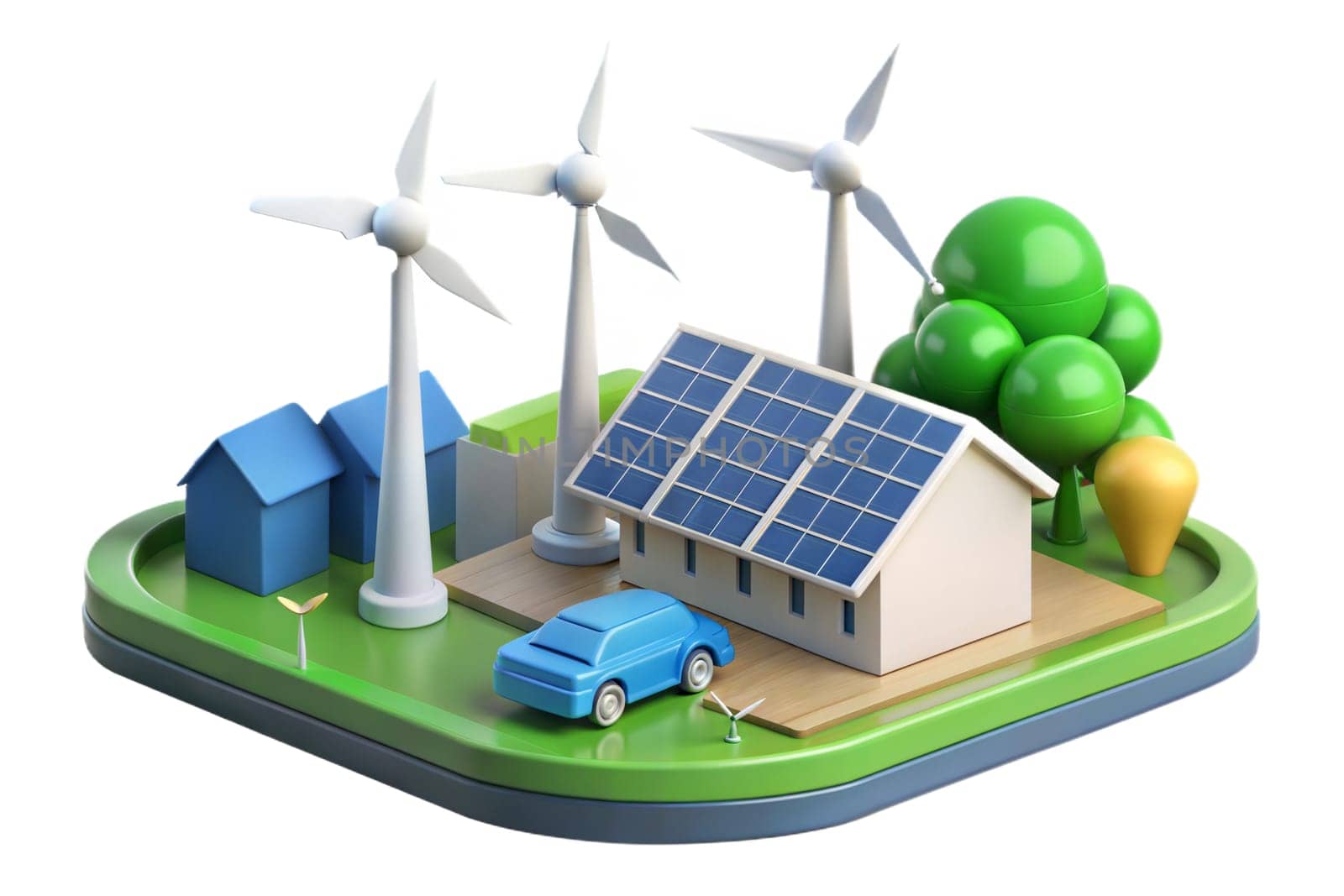 Concept of sustainable energy solution. Solar panels, battery energy storage facility, wind turbines integrated in life. Ai generated image