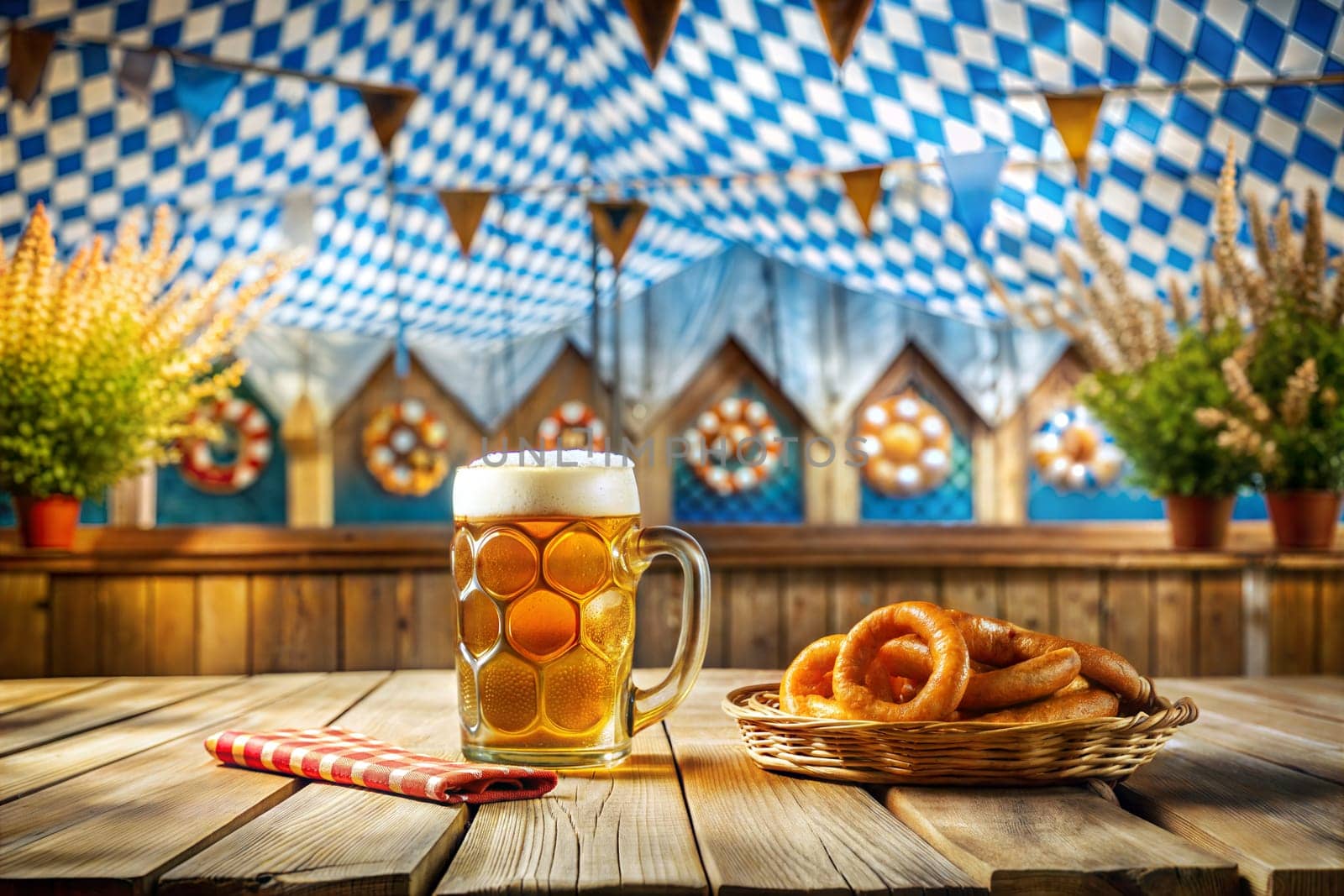 Octoberfest Beer and pretzels on wooden background with Bavarian flags. Ai generated image