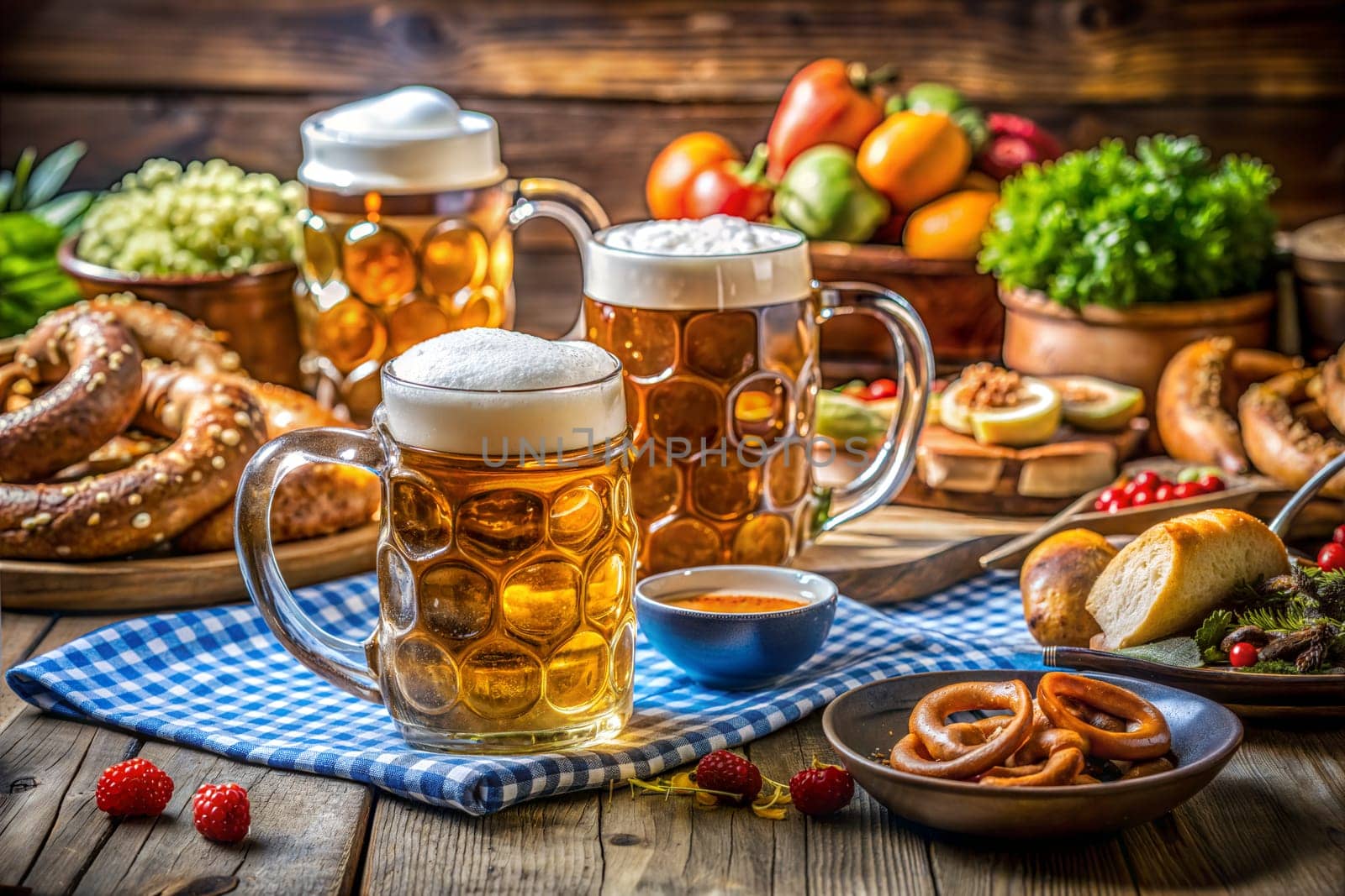Octoberfest beer, Bavarian sausage with pretzel and fresh vegetables on wooden table. ai generated image