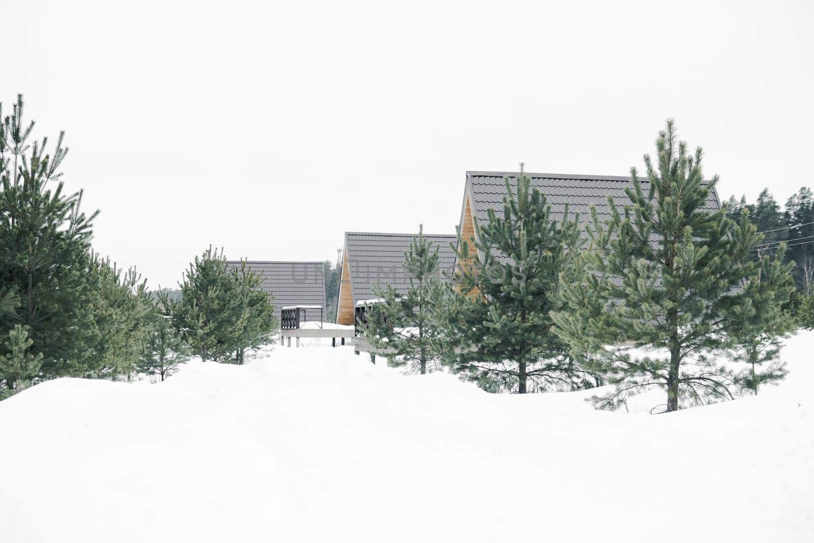 A country house in nature in winter. Rest in an ecologically clean place in winter. Glamping in nature