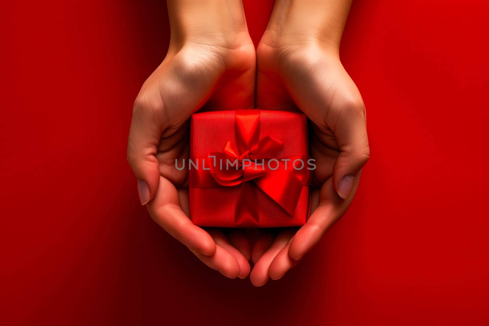 Female hands holding small red gift box with red bow on red background with copy space