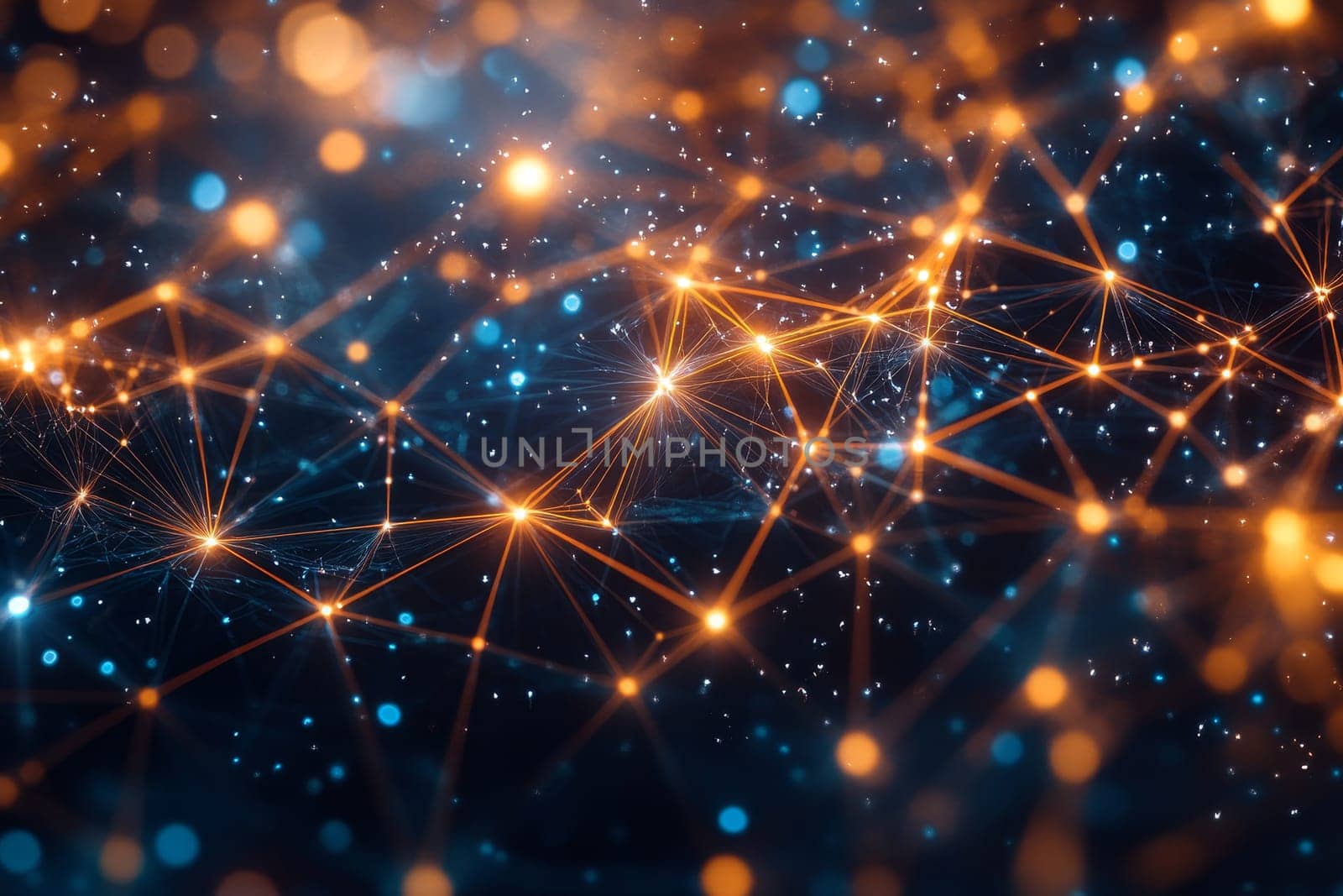 Vibrant golden network connections with glowing nodes against a dark background, representing data flow and interconnectivity.