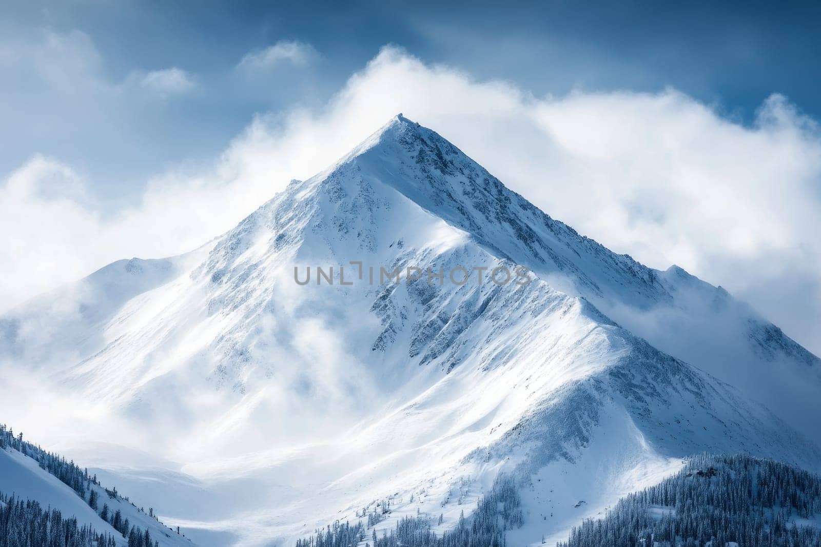 Towering snow-covered mountain peak with dramatic clouds and forested slopes in winter landscape.