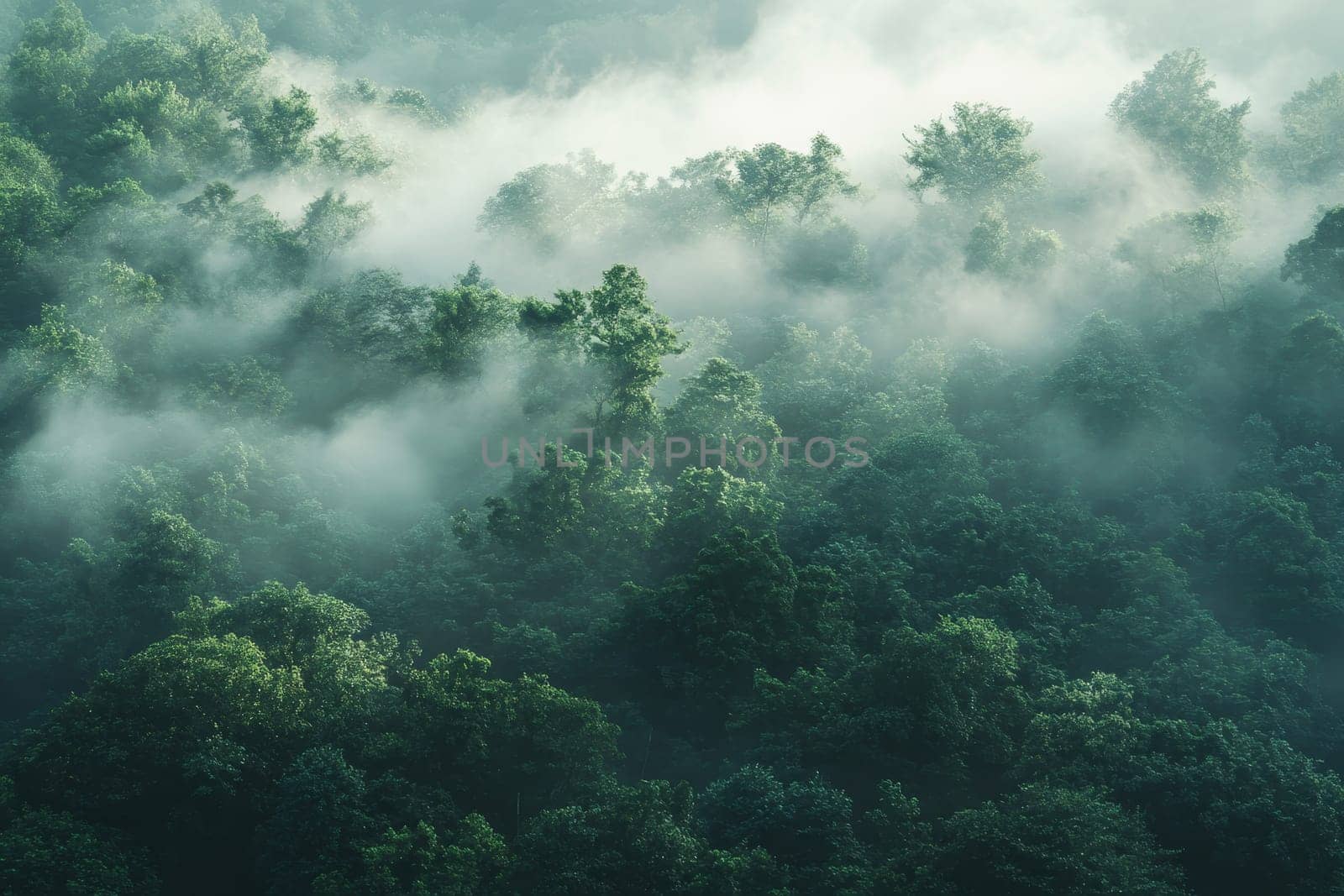 Aerial view of lush green forest canopy enveloped in ethereal morning mist, creating a dreamy atmosphere.
