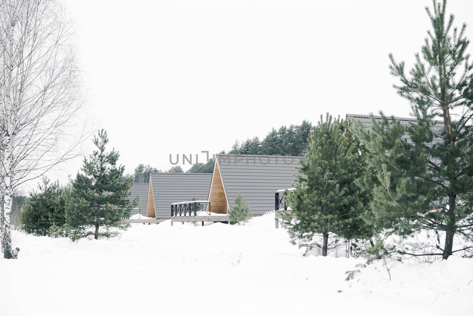 A country house in nature in winter. Rest in an ecologically clean place in winter. Glamping in nature