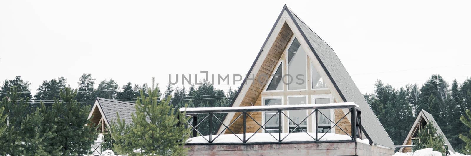 A country house in nature in winter. Rest in an ecologically clean place in winter. Glamping in nature