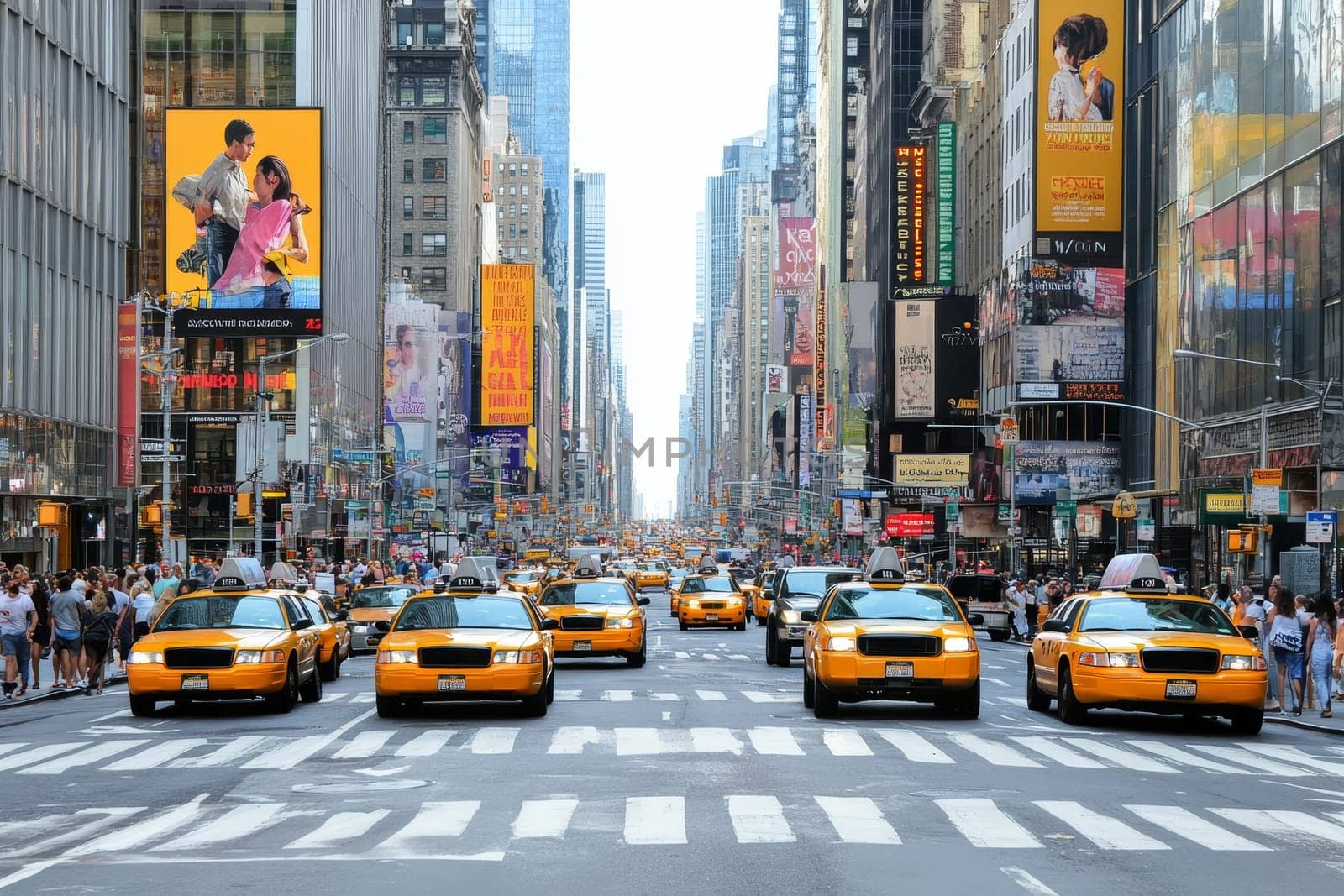 Line of yellow cabs on crowded street with towering billboards and pedestrians.