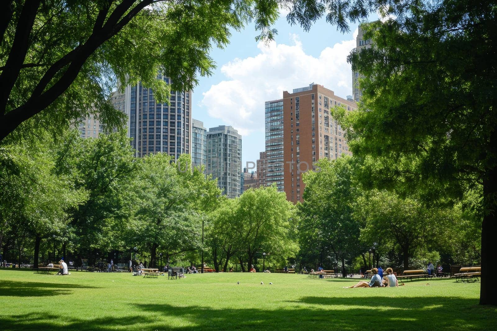 Lush green park with people relaxing, framed by modern city skyline.
