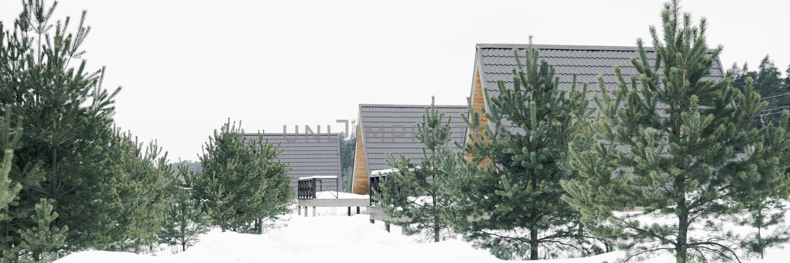 A country house in nature in winter. Rest in an ecologically clean place in winter. Glamping in nature