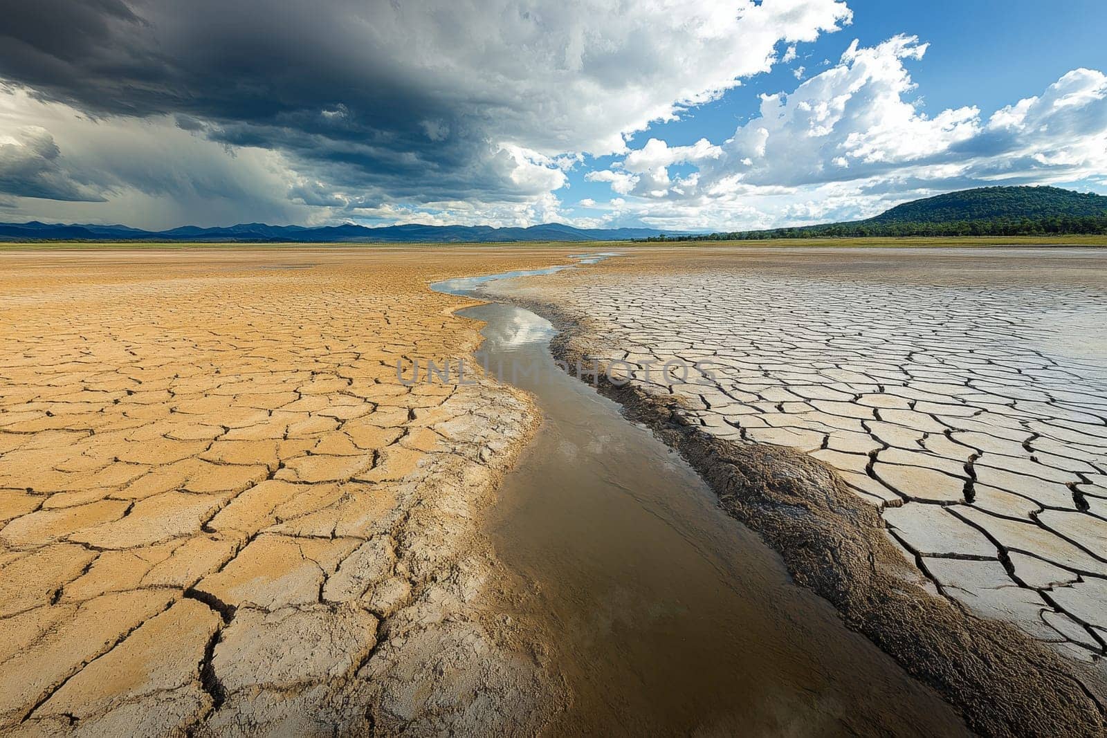 Cracked earth and a narrow stream under dramatic sky, illustrating severe drought and climate change impact.