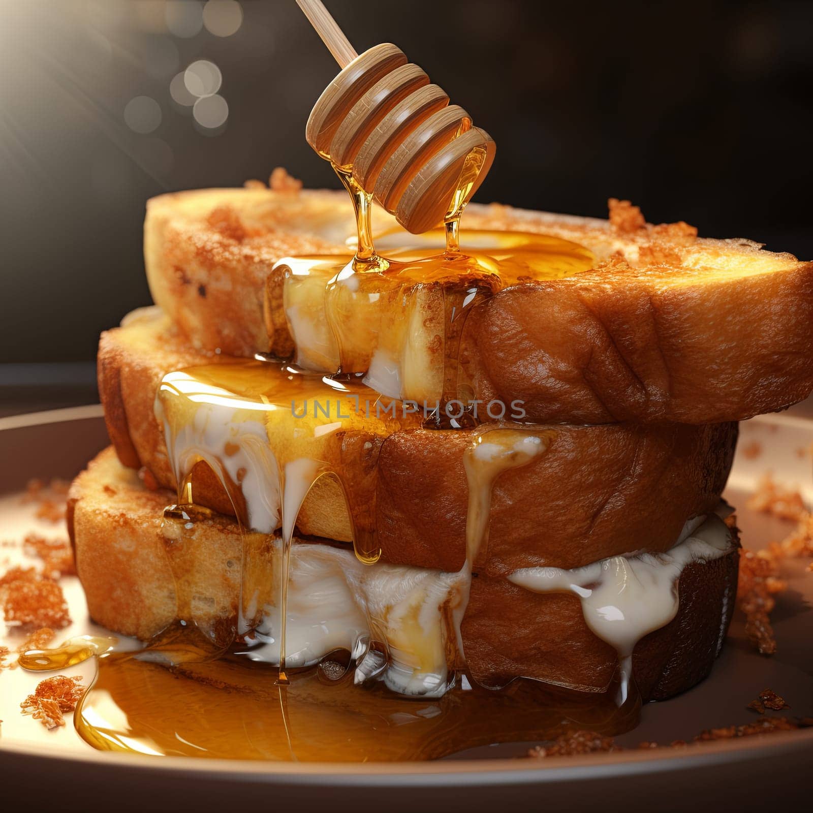 A stack of two slices of toast with melted cheese and honey on a plate. The honey is dripping down the sides of the toast. The toast is on a white plate on a white table.