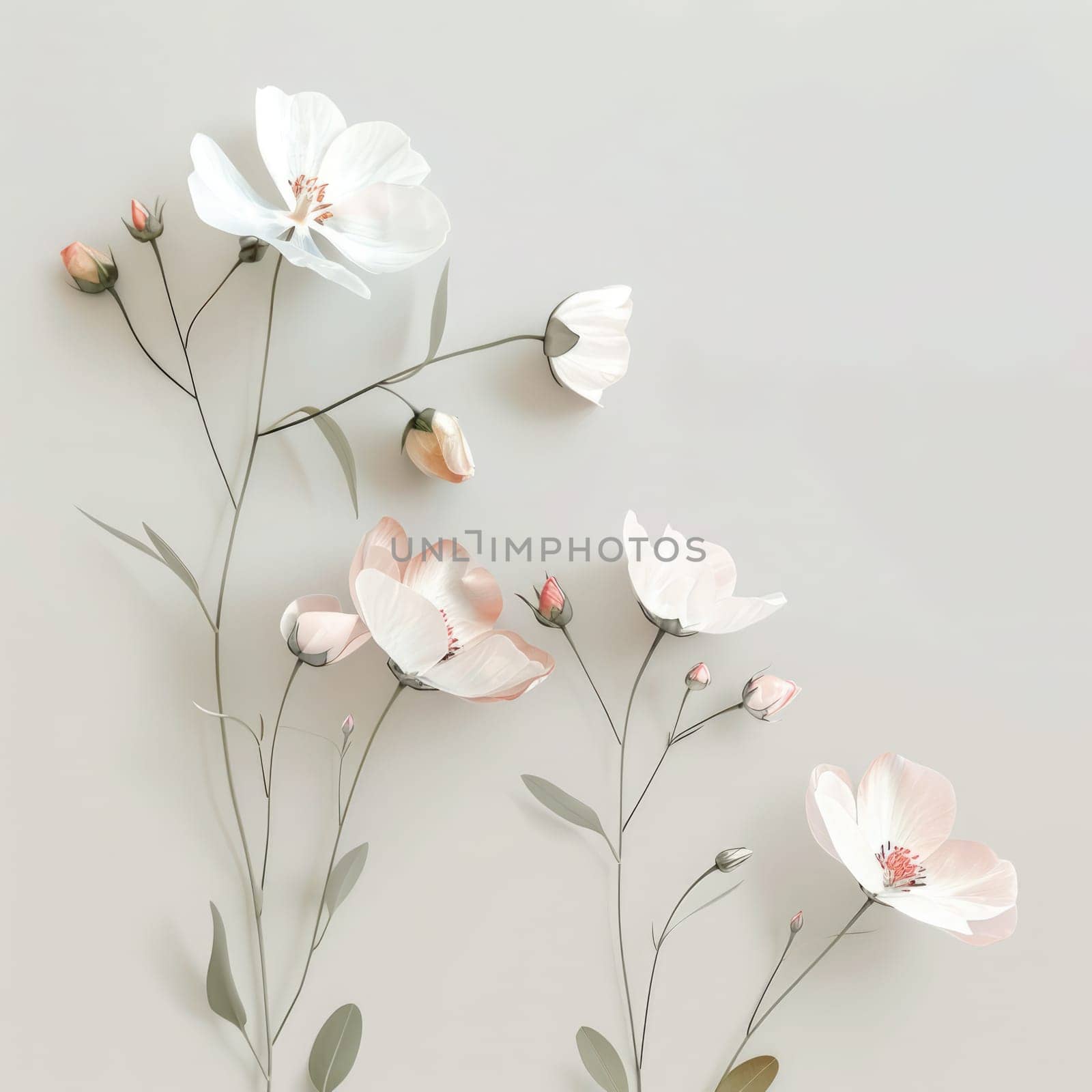 A collection of delicate flowers in warm tones showcases subtle beauty and elegance, set against a soft, neutral backdrop.